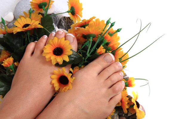 Unhas de pedicure, pés e flores — Fotografia de Stock