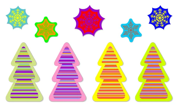 Color árbol de Navidad y etiqueta engomada estrella de nieve — Vector de stock