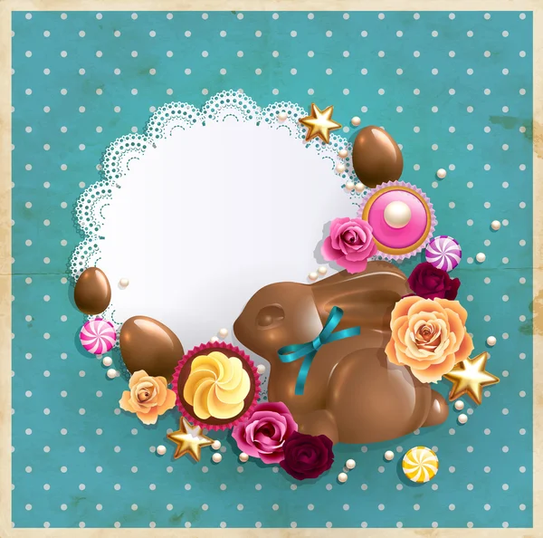 Lapin de Pâques chocolat avec fond d'oeufs de Pâques — Image vectorielle