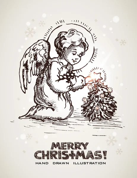 Dibujado a mano Navidad y Año Nuevo postal con lindo angelito — Archivo Imágenes Vectoriales