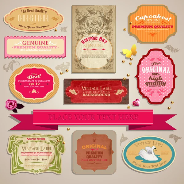 Set van vintage stickers, kaarten en etiketten. — Stockvector