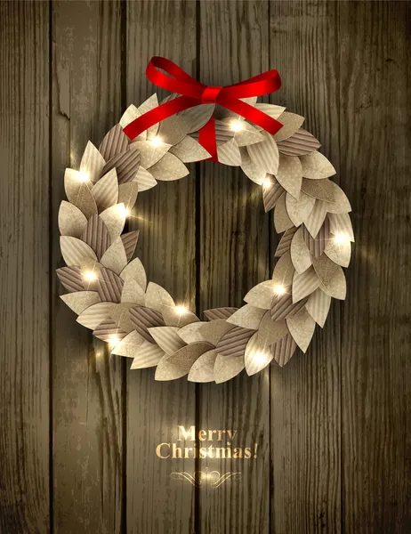 Couronne de Noël faite de feuilles de papier dans un style éco-country décoré avec arc rouge et étincelles — Image vectorielle