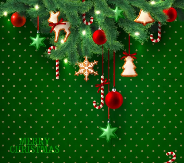 Karácsonyi vintage grunge zöld háttér karácsonyfa ágai és dekoráció Stock Vektor