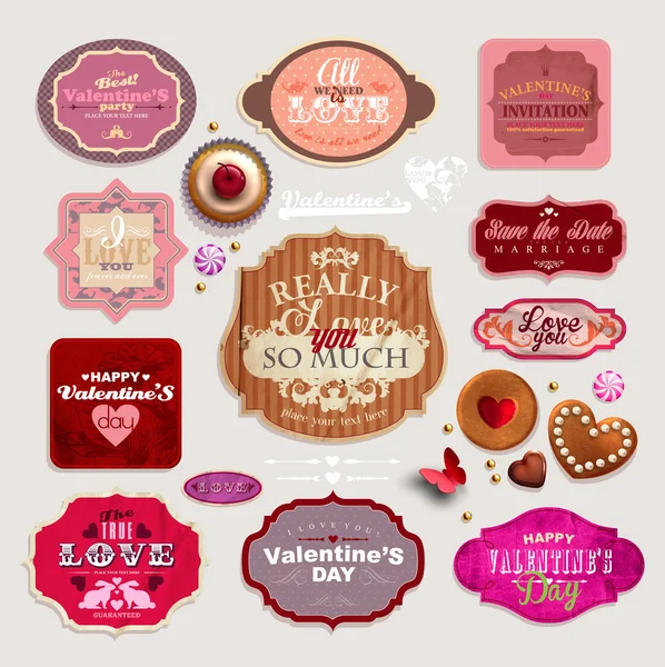 Vintage Valentijnsdag verzameling van grunge stickers, etiketten en labels — Stockvector