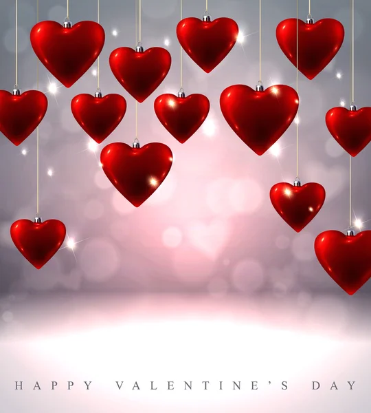 Sparkling Valentine's background with hanging red glass hearts — Stock Vector