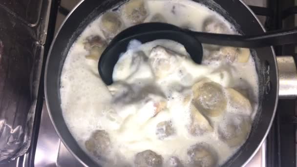 Checking Home Made Shishbarak Pan While Boiling Yogurt Sauce Stove — Stock Video