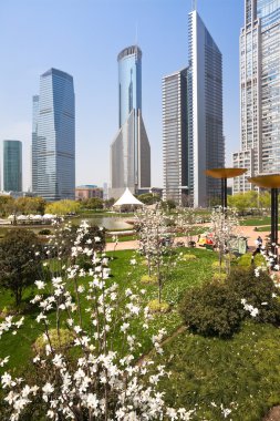 Şangay 'da modern bina geçmişi olan şehir parkı.
