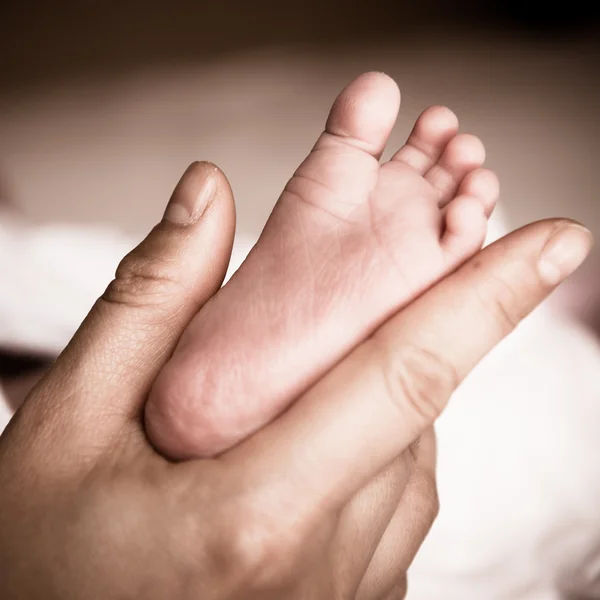 Neugeborene Babyfüße an weiblicher Hand — Stockfoto