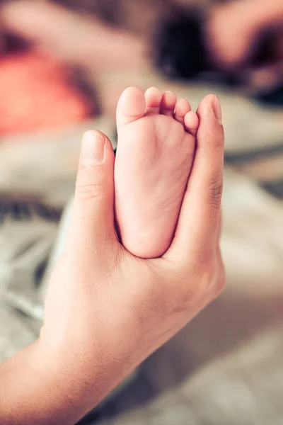 Новорожденные детские ноги на женских руках — стоковое фото