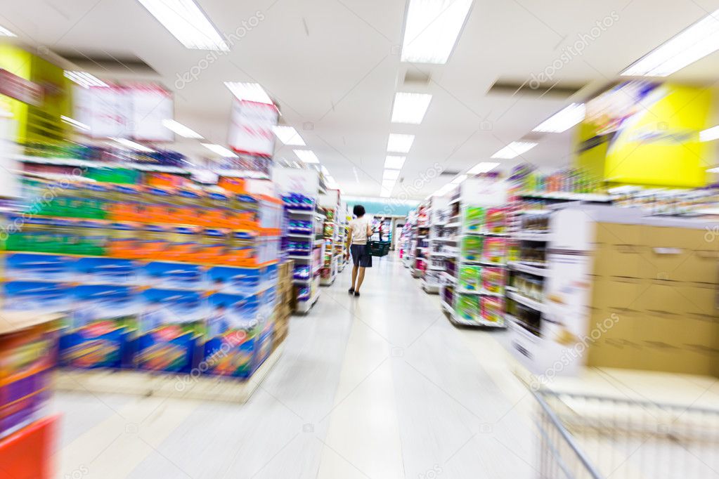 Empty supermarket aisle,motion blur