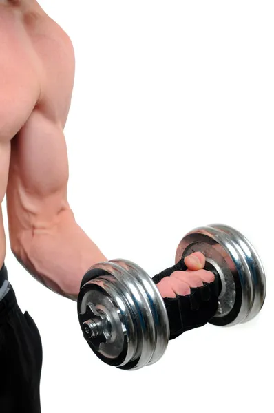 Fitness - powerful muscular man lifting weights — Stock Photo, Image