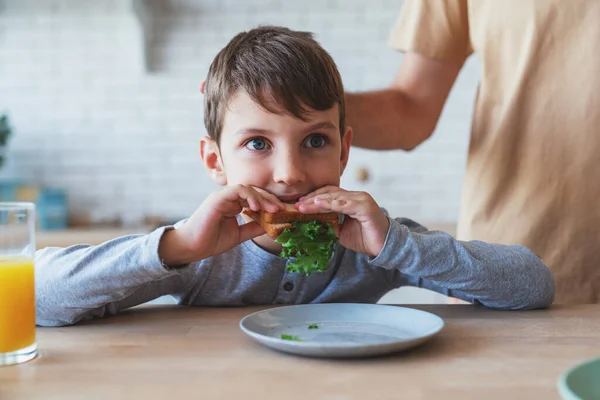 Retrato Niño Padre Sentados Mesa Durante Desayuno Casa Cocina — Foto de Stock