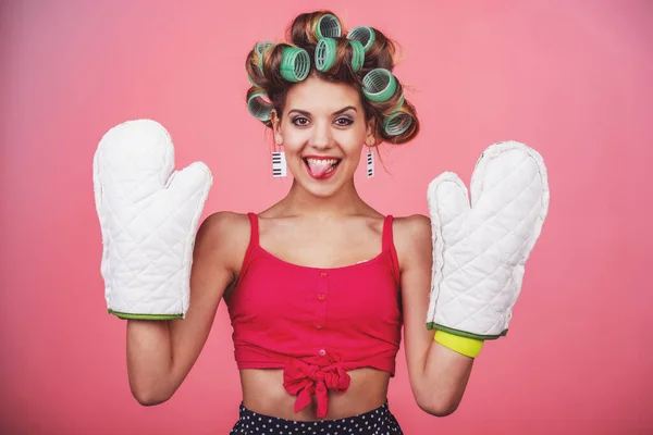 Qué Gustaría Cenar Sexy Joven Ama Casa Con Guantes Pie — Foto de Stock