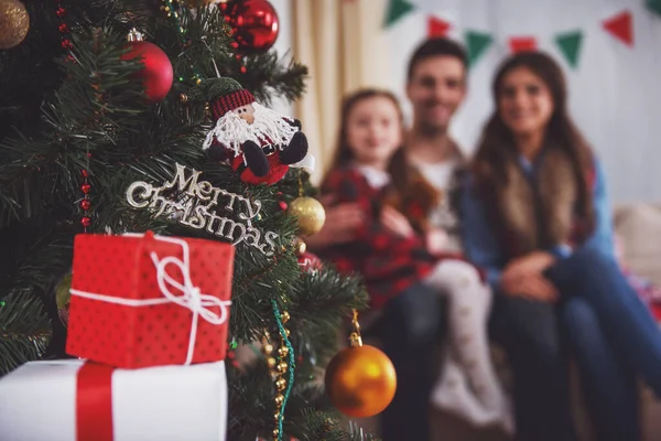 Giovane Famiglia Felice Mentre Celebra Natale Casa — Foto Stock
