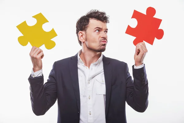 Handsome Man Suit Trying Connect Puzzle Pieces — Stock Photo, Image