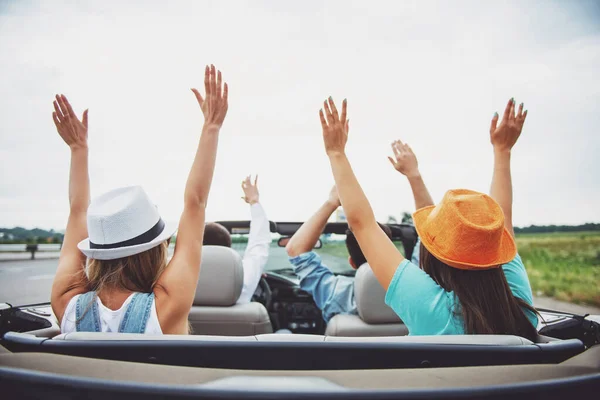 Shot Back Happy Friends Traveling Cabriolet Hands — Stock Photo, Image