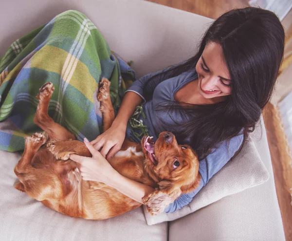 若い女性の平面図は彼女の犬とソファの上で横になっています — ストック写真