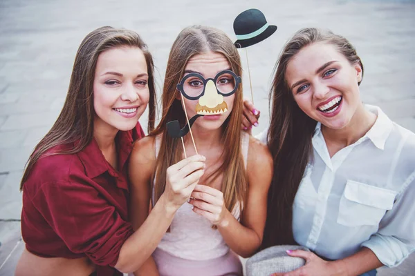 Three Beautiful Young Women Celebrating Birthday Outdoors — Stock Photo, Image