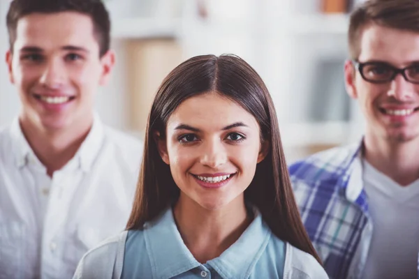 Group Young Colleagues Dressed Casual Standing Together Modern Office — Stock Photo, Image