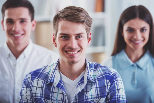 Group Young Colleagues Dressed Casual Standing Together Modern Office Smiling — Stock Photo, Image