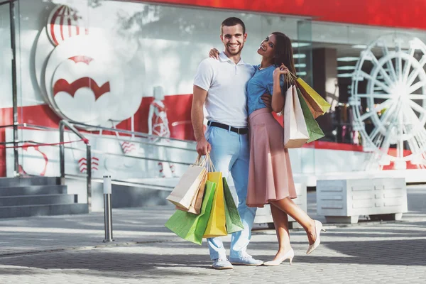 Loving Young Couple Bags Shopping Walk Town — Stock Photo, Image