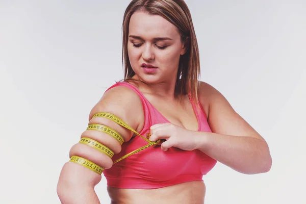 Şişman Kadın Vücudu Diyet Vücut Ile Mutsuz Izole Beyaz Arka — Stok fotoğraf