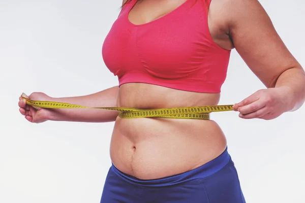 Mulher Gorda Infeliz Com Seu Corpo Dieta Corpo Mede Fundo — Fotografia de Stock