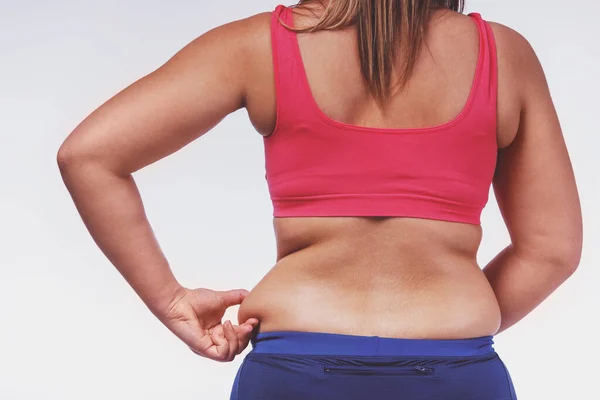 Mulher Gorda Infeliz Com Seu Corpo Isolado Fundo Branco — Fotografia de Stock