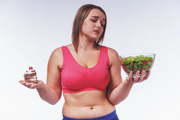 Concepto Alimentación Saludable Mujer Gorda Dieta Aislada Sobre Fondo Blanco — Foto de Stock