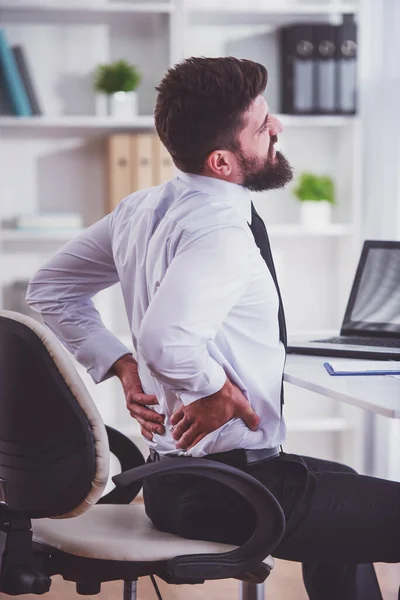 Disease Back Portrait Businessman Beard While Working His Office Holding — Stock Photo, Image