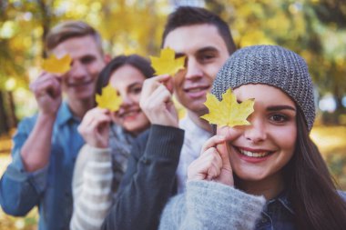 Sonbahar park yürürken gençlerin öğrenci grubu