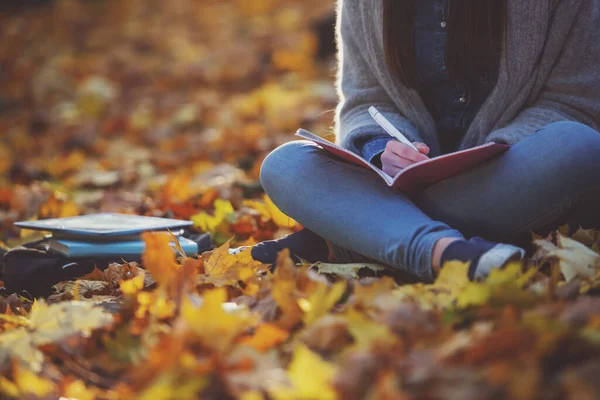 Młoda Dziewczyna Szczęśliwy Studentów Chodząc Park Jesień — Zdjęcie stockowe