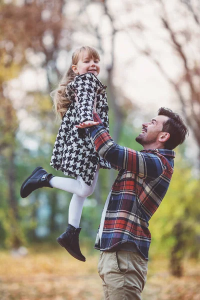 Young Happy Family Father Daughter Walk Autumn Park — Stock Photo, Image