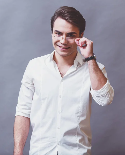 Portrait Young Business Man White Shirt Glasses Watches Hand Gray — Stock Photo, Image