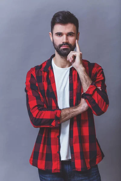 Closeup Portrait Handsome Young Beard Checkered Shirt Thinking Deeply Finger — Stock Photo, Image