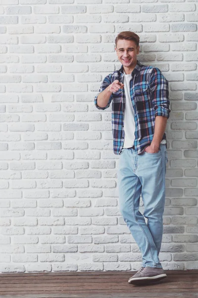 Young Handsome Man Checkered Shirt Denim Pants Keep Hand His — Stock Photo, Image