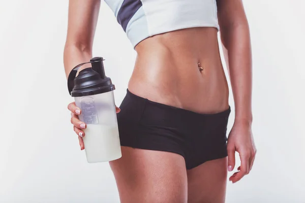 Beautiful Sportswoman Holding Shaker Sports Nutrition Isolated White Background Close — Stock Photo, Image