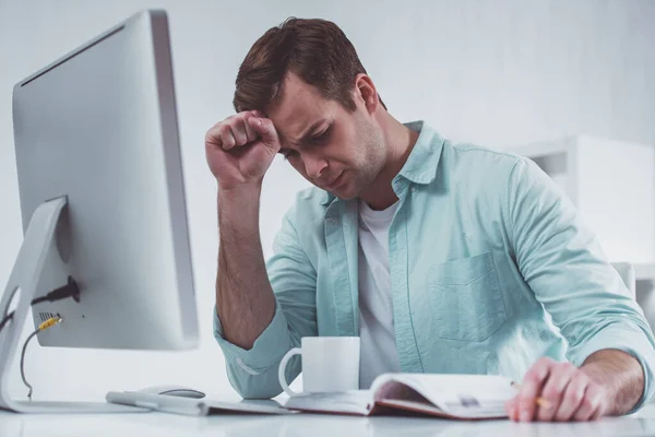 Young Attractive Businessman Casual Clothes Having Headache While Working Office — Stock Photo, Image