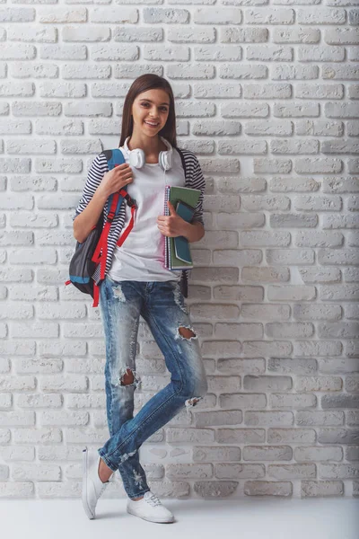 Cute Teenage Girl Casual Clothes Standing School Backpack Books White — Stock Photo, Image