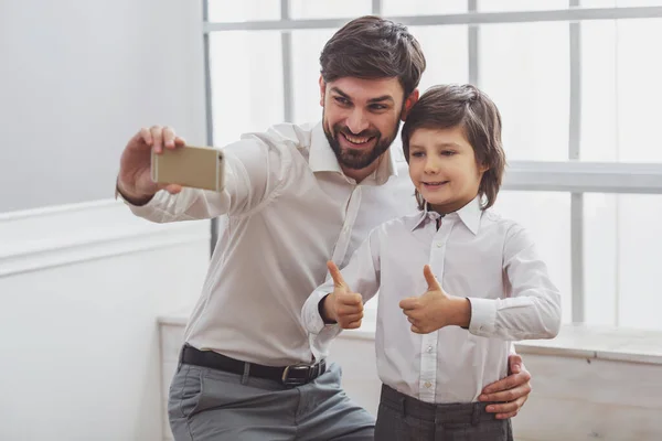 Handsome Young Father Making Photo His Cute Little Son Little — Stock Photo, Image