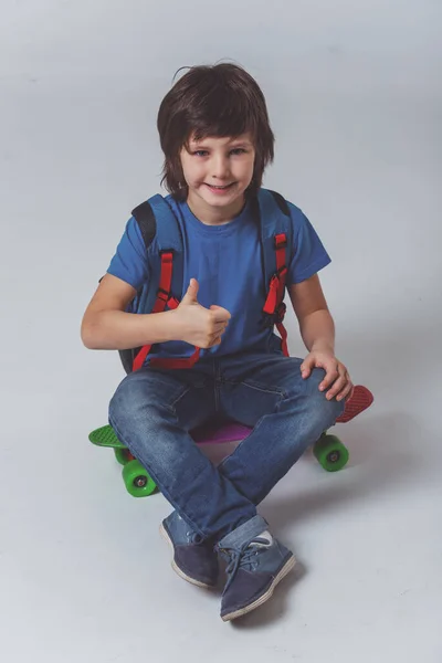 Cute Little Schoolboy Blue Shirt Backpack Showing Sign Looking Camera — Stock Photo, Image