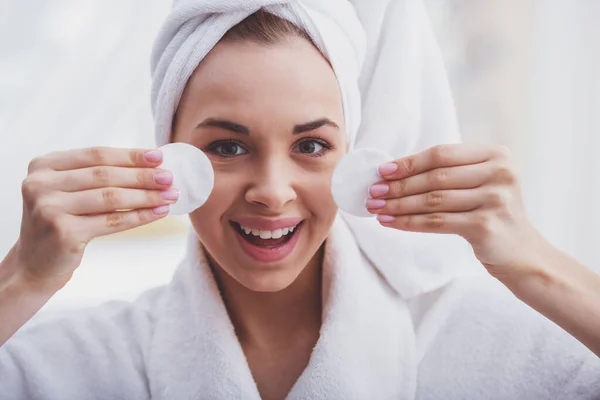 Portrait Beautiful Young Woman Bathrobe Towel Her Head Holding Sponges — Stock Photo, Image