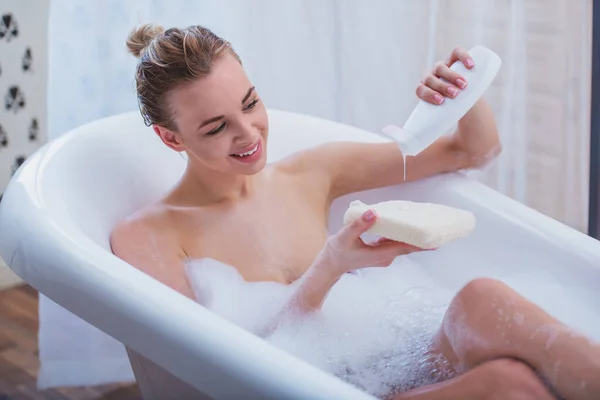 Beautiful Young Blonde Woman Enjoying Pleasant Bath Foam Putting Shower — Stock Photo, Image