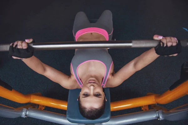 Top View Attractive Young Woman Lifting Weight While Working Out — Stock Photo, Image