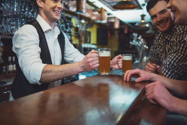 Two Young Men Casual Clothes Smiling Talking While Sitting Bar — Stock Photo, Image