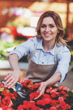 Güzel ve genç birbayan önlük kameraya bakarak ve orangery bitkilerde bakmakta iken gülümseyen