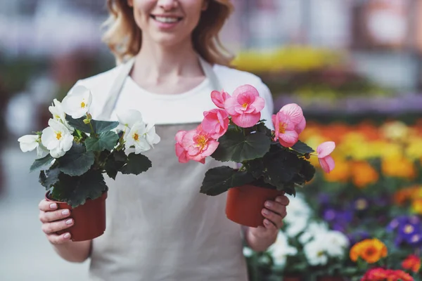 Belle Jeune Femme Dans Tablier Tient Des Plantes Regardant Caméra — Photo