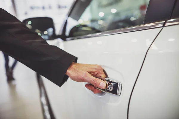 Middle Aged Businessman Classic Suit Opening Car Motor Show Close — Stock Photo, Image