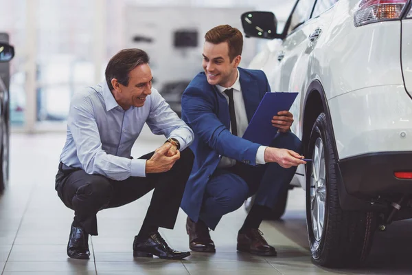 Handsome Young Man Classic Blue Suit Smiling While Showing Car — Stock Photo, Image