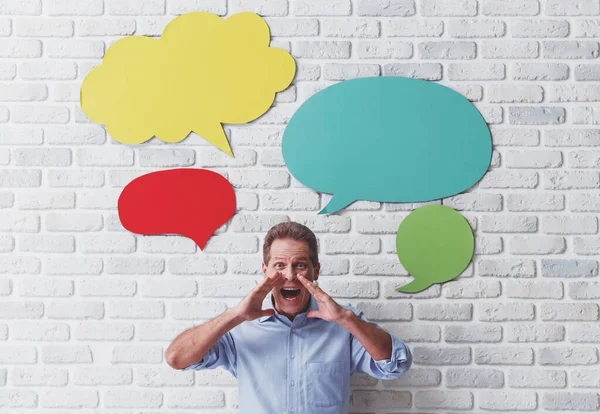 Handsome Middle Aged Man Looking Camera Screaming Standing White Brick — Stock Photo, Image